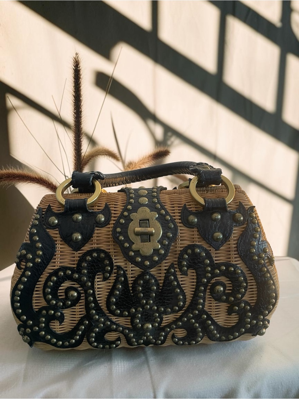 Isabella Fiore Wicker Woven Barrel Satchel Black Studded Leather Bag
